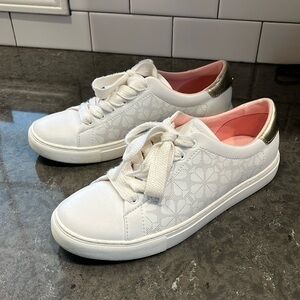 Kate Spade Audrey Leather Sneaker, White, Gold trim with clover print, Size 9B